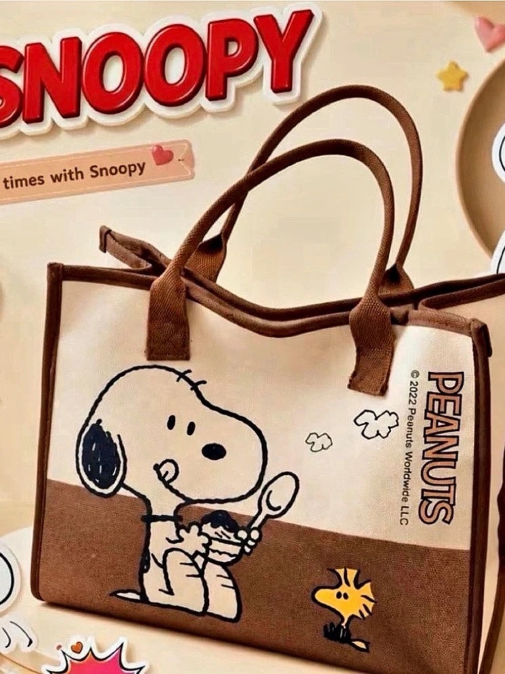 Peanuts Snoopy Peanuts Tote in Brown & Cream